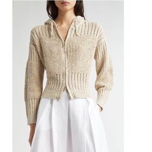 Eleventy Sequin Zip Up Hooded Cardigan Sweater Open Knit Beige Sand Sz L
